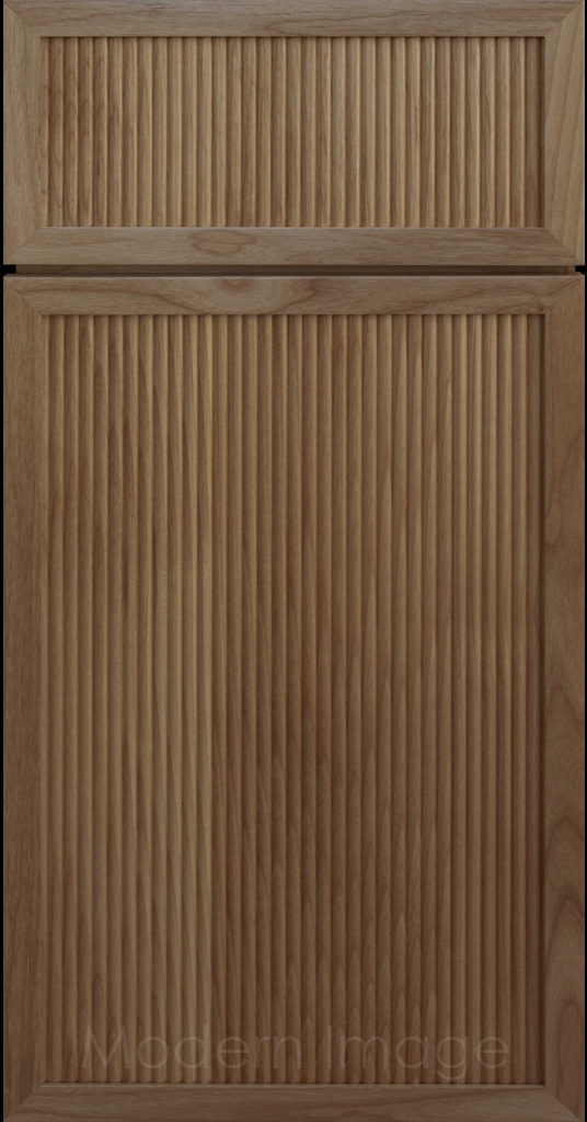 Arcadia Reed Cabinet in Warm Gray stain, featuring a Narrow Frame and a Slim Fluted Center Panel.